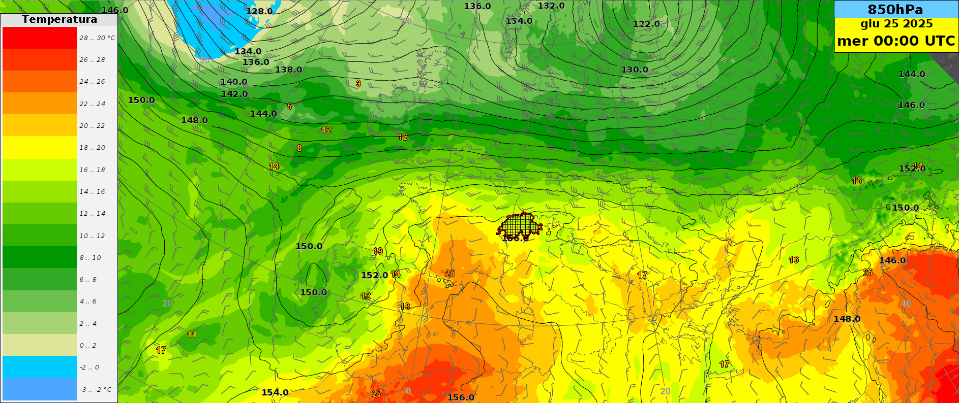 Figura 1: Animazione dell’altezza geopotenziale (linee nere), della temperatura (colori) e del vento (barbule) previsti dal modello europeo ECMWF a 850 hPa, cioè ad un’altezza di circa 1500 metri, da oggi a mercoledì prossimo. 