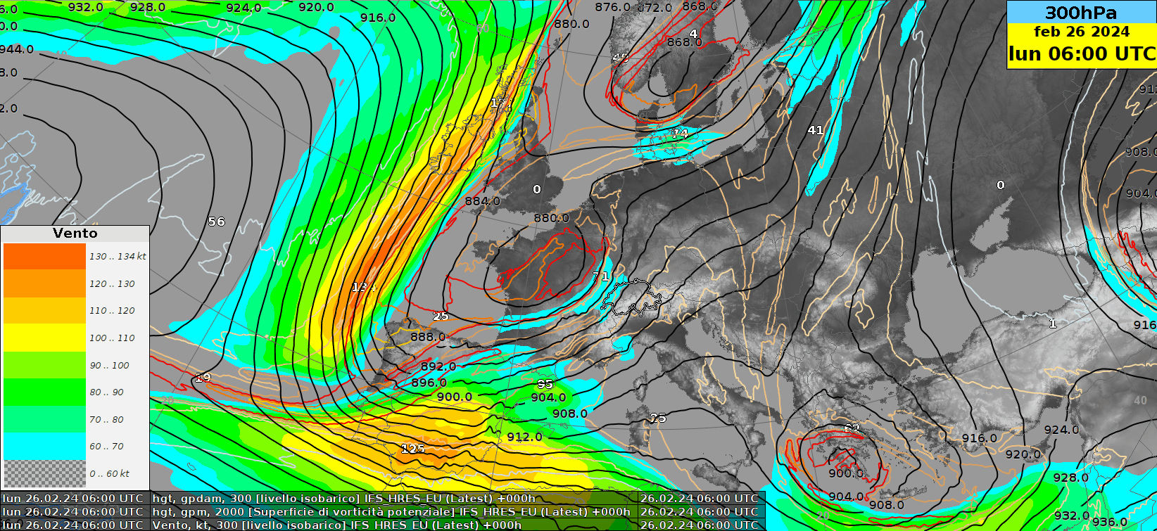 Fig. 2: Altezza geopotenziale a 300 hPa (circa 9000 metri, linee continue), velocità del vento alla stessa quota (colori) fra lunedì alle 09 UTC e martedì alle 12 UTC. 