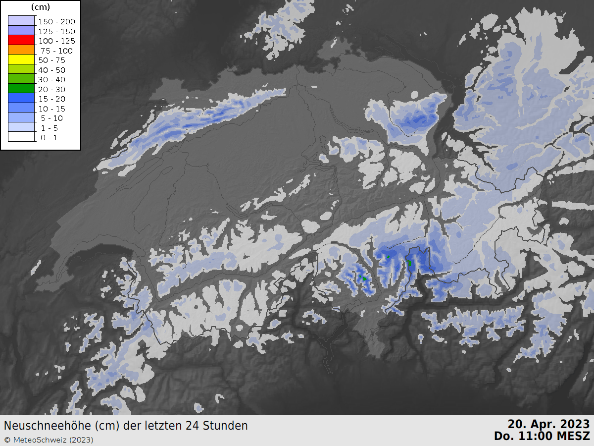 Fig. 3: Animazione dell’accumulo di neve fresca tra la tarda mattinata di giovedì e quella di venerdì. Fonte: MeteoSvizzera – INCA