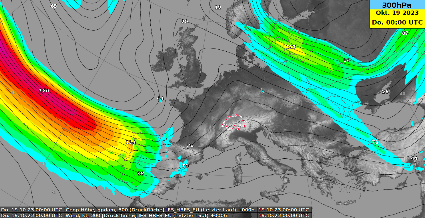 Geopotenziale (isolinee nere) e velocità della corrente a getto in nodi (aree colorate) a 300 hPa (circa 9000 m) previsti dal modello del centro di previsione europeo tra giovedì e venerdì sera.