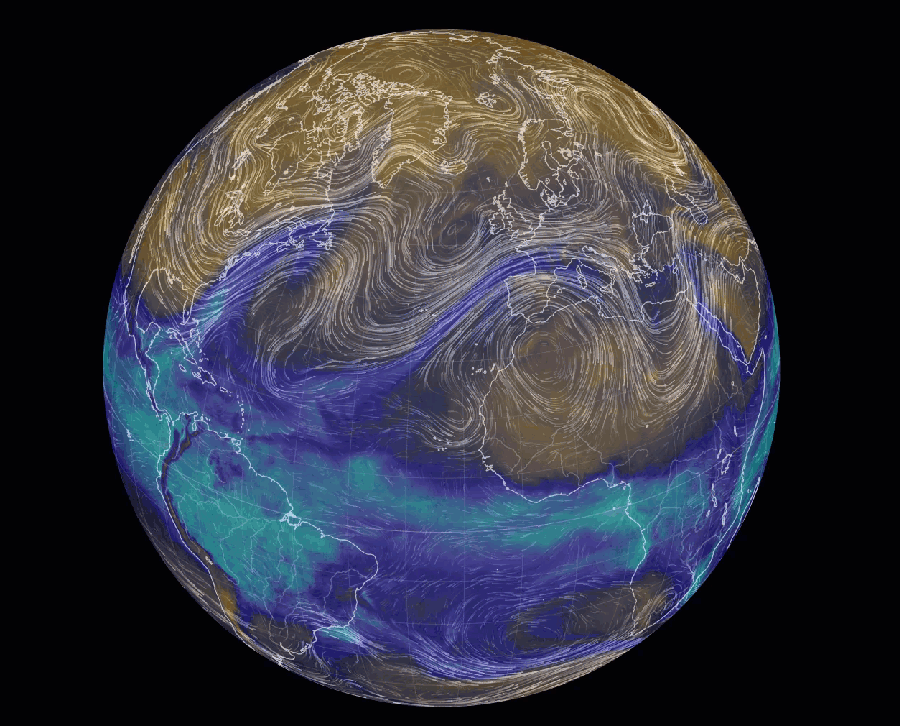 Acqua precipitabile (in mm, aree colorate) e vento a 500 hPa (linee di flusso animate, intorno ai 5500 m) previsti dal modello GFS per lunedì 11.12.2023 alle 12UTC. (Fonte: modello GFS visualizzato su earth.nullschool.net)
