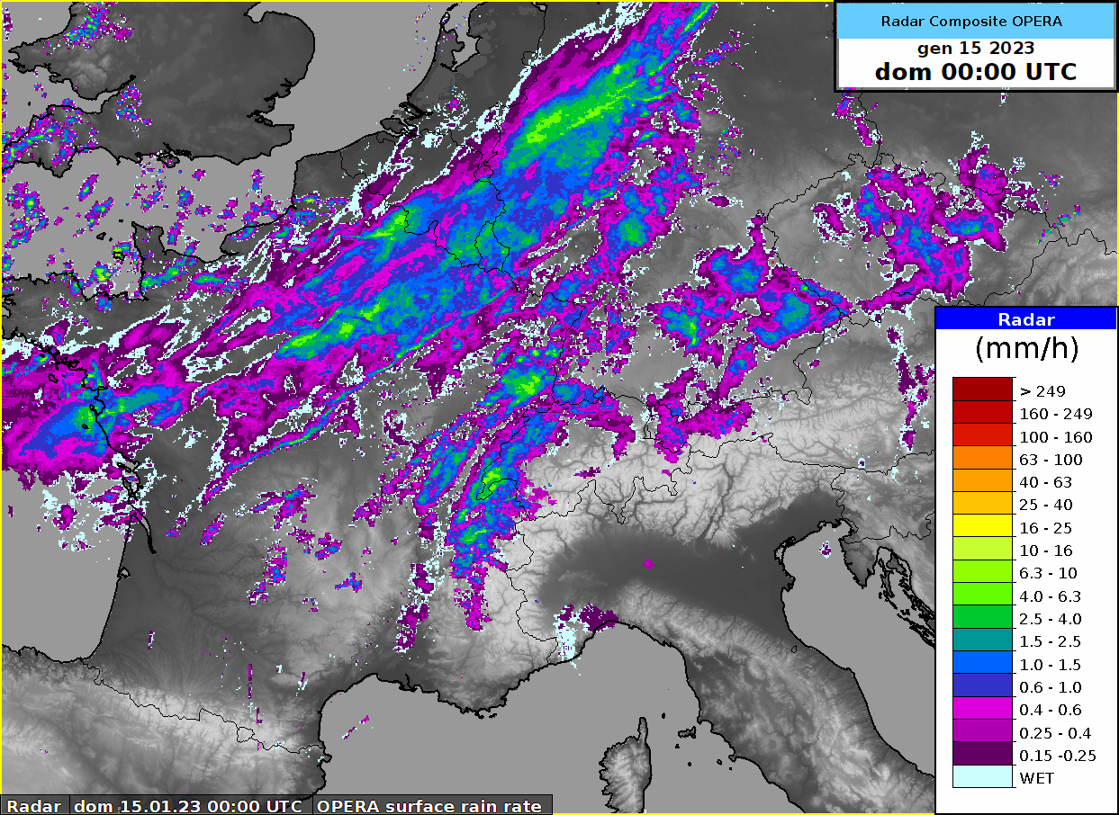 Figura 4: Animazione radar sull’Europa centrale oggi domenica 15 gennaio dalle ore 01 alle ore 16:15. Fonte: OPERA / MeteoSvizzera.