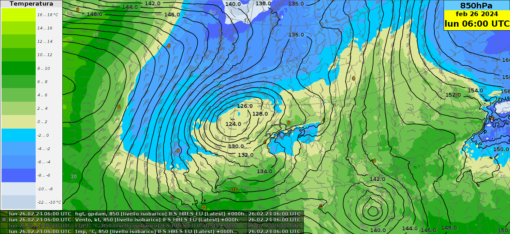 Fig. 3: Altezza geopotenziale a 850 hPa (circa 00 metri, linee continue), velocità e direzione del vento (barbule) e temperatura (colori) alla stessa quota fra lunedì alle 09 UTC e martedì alle 12 UTC.