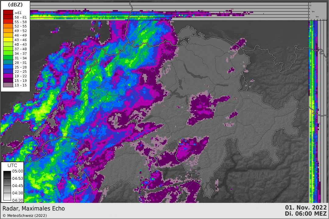 Animazione delle immagini radar fra le 6 e le 12 del 1.11.2022.