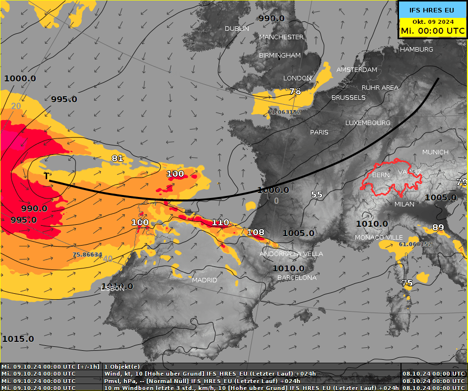 Animazione che mostra il percorso di "Kirk" (linea nera), le frecce del vento e le raffiche massime (oltre i 60 km/h).