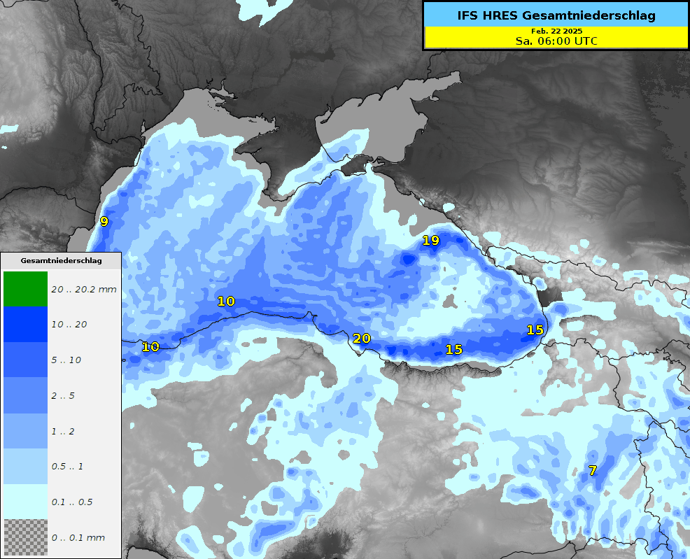 Somma delle precipitazioni secondo il modello IFS fino a giovedì 27.02.2025.