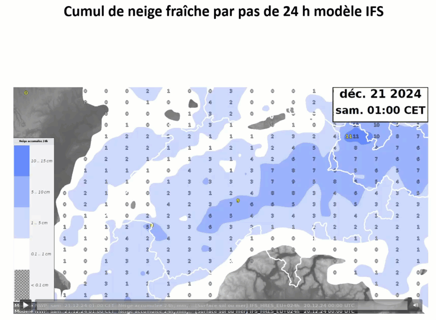 Accumuli di neve secondo il modello IFS, passi di 24 ore