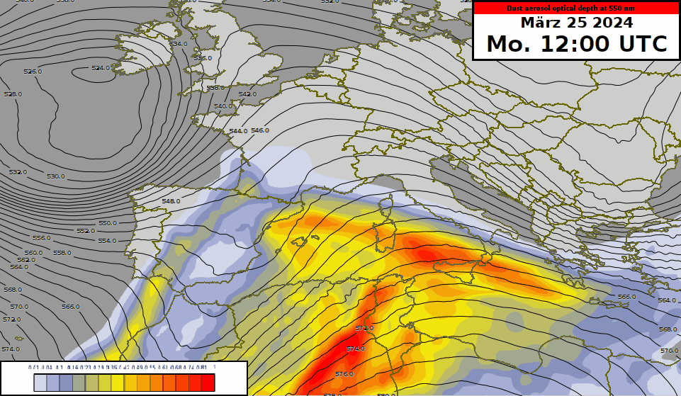 Previsione animata delle concentrazioni di polvere dal 25.03. 2024 alle 12 UTC fino al 26.03.2024 alle 18 UTC.