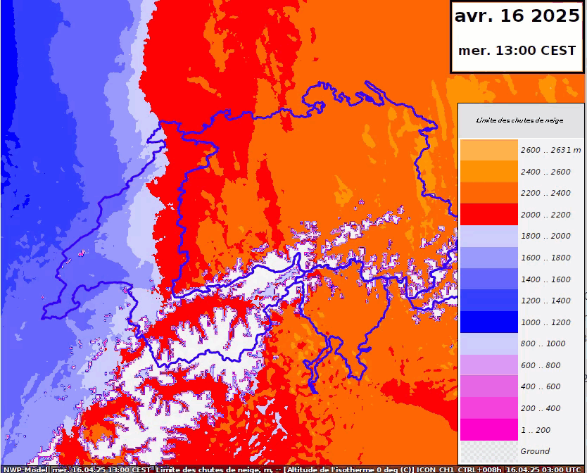 Figura 3: Altitudine del limite neve-pioggia (in metri) prevista da ICON-1 tra mercoledì 13:00 e giovedì 19:00