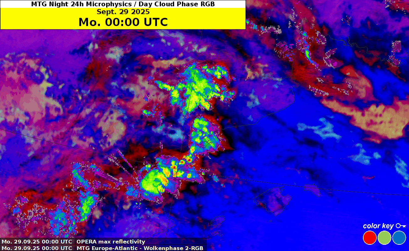Figura 7: Animazione satellitare e radar della costa orientale della Spagna il 27 settembre dalle 0 alle 12 UTC. Come prodotto satellitare, di notte è visibile il 24h Microphysics RGB, mentre di giorno il Cloud Phase RGB. 