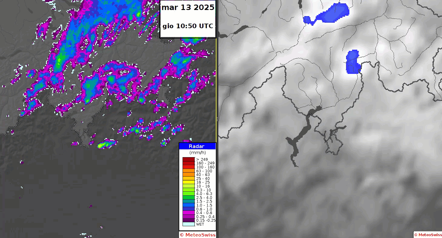 Animazione riassuntiva della giornata del 13 marzo 2025. A sinistra: stima delle precipitazioni radar. A destra: immagine satellitare (MTG IR10.5), segnalazioni meteo dell'App di MeteoSvizzera e attività dei fulmini.
