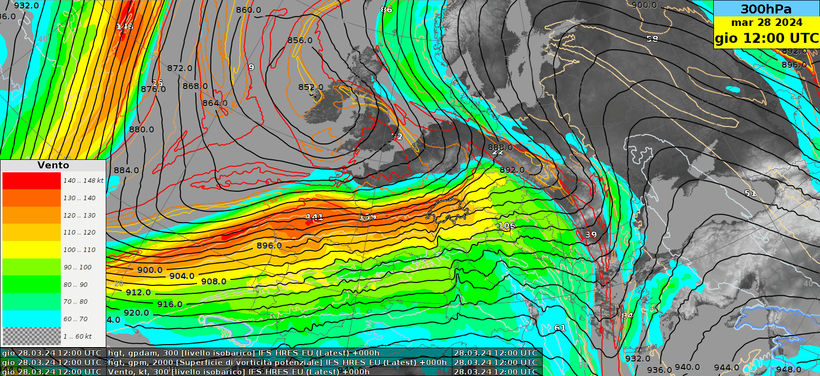Fig. 5: Animazione di altezza geopotenziale (linee continue) a 300 hPa (circa 9000 metri) e vento alla stessa quota (colori) previsti dal modello ECMWF fra giovedì 28 marzo alle ore 12 e martedì 2 aprile alle ore 00. 