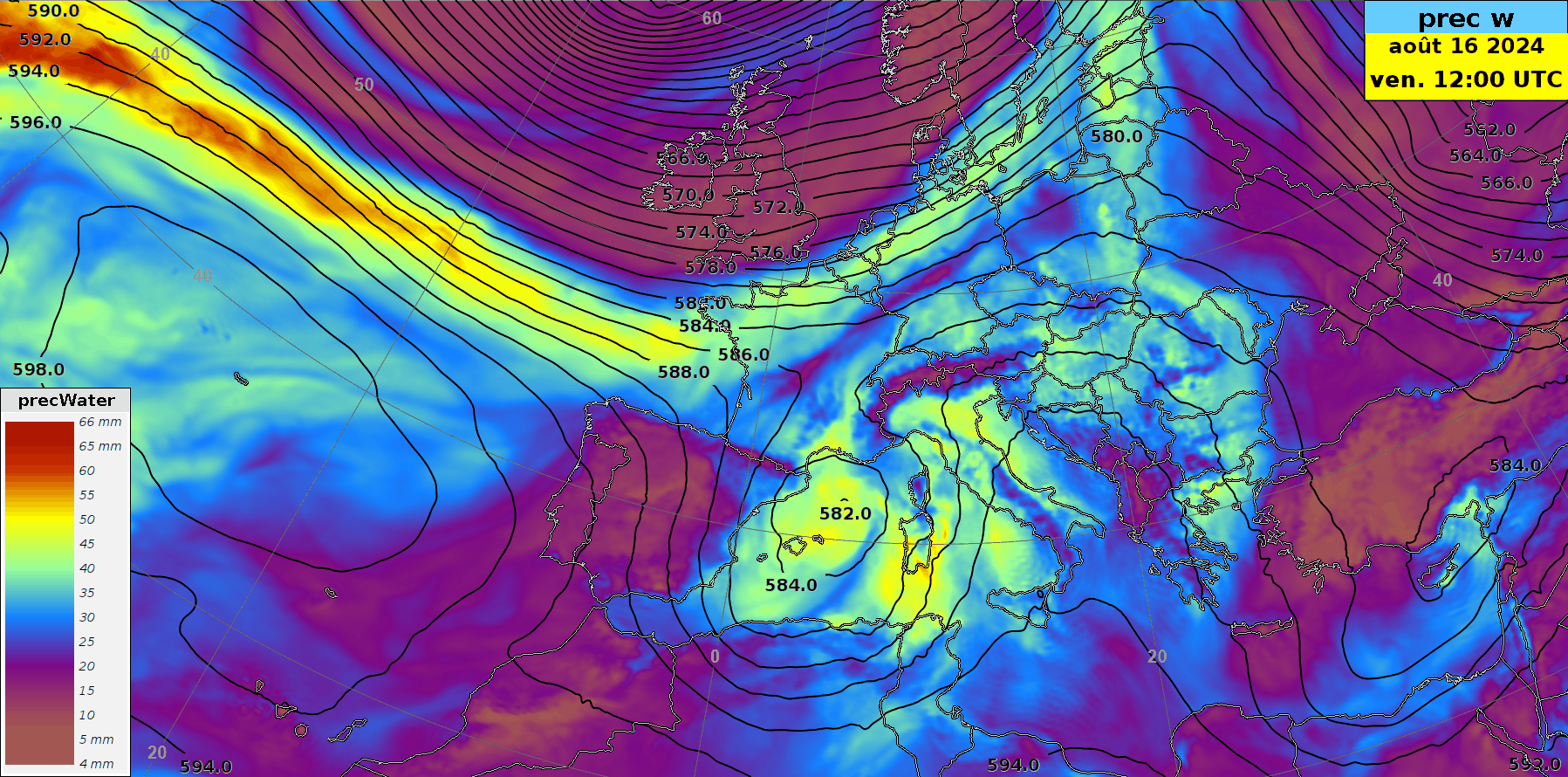 Animazione dell'acqua precipitabile e del geopotenziale a 500 hPa (circa 5500 m di altitudine) da venerdì a sabato. Si nota chiaramente l'aria molto umida sull'Europa ieri e oggi (toni blu e verdi), il fiume atmosferico sull'Atlantico (toni gialli e rossi), il sistema di bassa pressione che colpirà le nostre regioni durante la notte e l'aria secca che affluirà da ovest a partire da domenica pomeriggio. Fonte: ECMWF, MeteoSvizzera