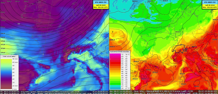 Fig. 1: Previsione del modello IFS HRES EU in step di 3 ore per sabato 00-lunedì 00 UTC: a sinistra, geopotenziale a 500 hPa (linee nere) e acqua precipitabile (a colori, più è viola, più è secco). A destra, il campo di pressione al suolo (linee nere) e la temperatura potenziale equivalente a 850 hPa (colori, una grandezza usata per differenziare fra loro le masse d'aria e stimare il loro contenuto energetico, a seconda dell'umidità e della temperatura, rossastra = aria umida e calda).