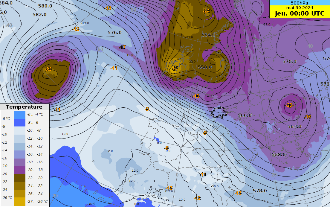 Animazione della temperatura (colori) e del geopotenziale (linee nere) a livello di 500 hPa tra giovedì 30 maggio e domenica 2 giugno 2024. (Fonte: IFS @ ECMWF).