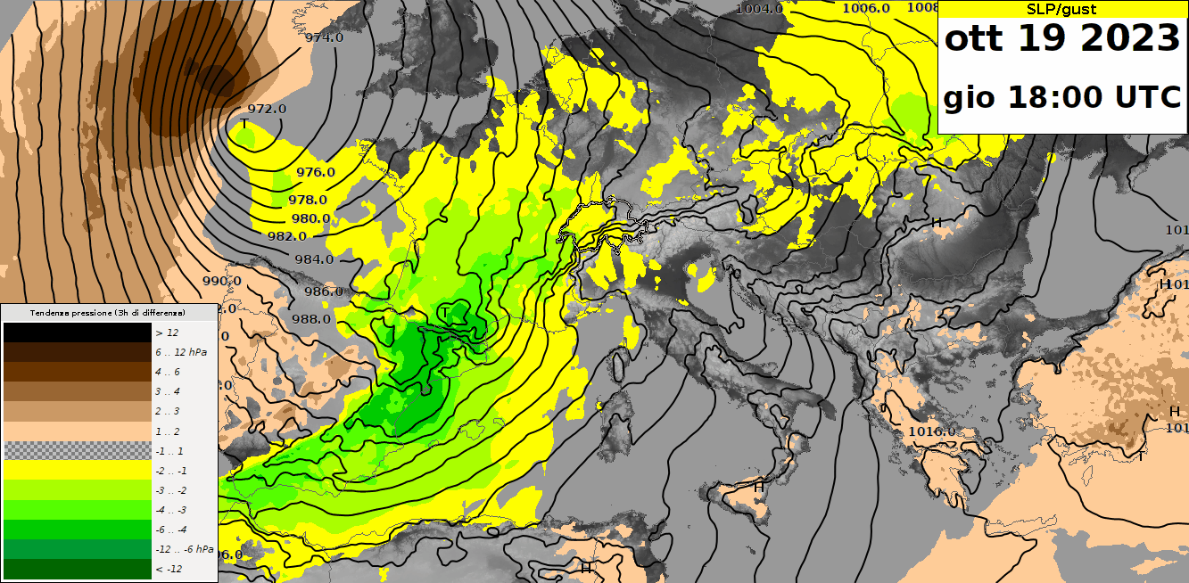 animazione della pressione al suolo (isobare) e del campo isallobarico (isoaree) prevista dal modello ICON-EU, corsa del 19.10.2023 00 UTC.
