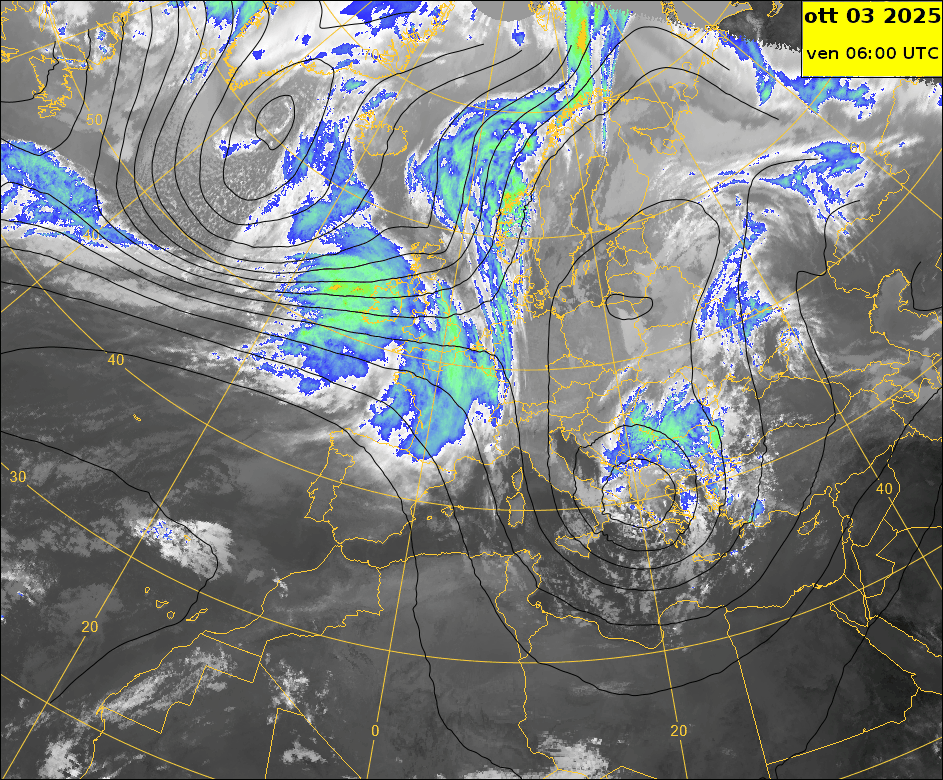  Immagine satellitare MTG che mostra l'avvicinamento del sistema frontale di "Amy" alla Svizzera. La nuvolosità associata al fronte caldo ha raggiunto oggi, venerdì 03.10 le nostre regioni. (EUMETSAT)