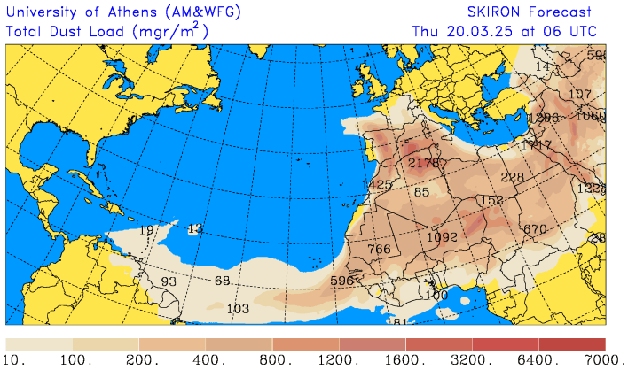 GIF ANIMATA: Animazione delle previsioni SKIRON del carico di polveri trasportate con la corrente dal Sahara in tutte le direzioni. Fonte: https://forecast.uoa.gr/en/forecast-maps/dust/europe