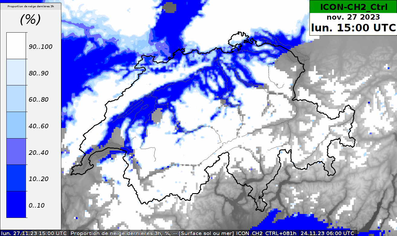 Carta che mostra la percentuale di neve nelle precipitazioni per lunedì 27 e martedì 28 novembre 2023 in Svizzera.