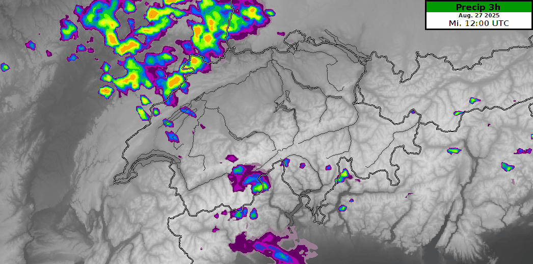 Animazione della riflettività radar [dBZ] simulata dal modello ICON-2E-CTRL fra mercoledì 27 agosto alle 12 UTC e venerdì 29 agosto alle 00 UTC.