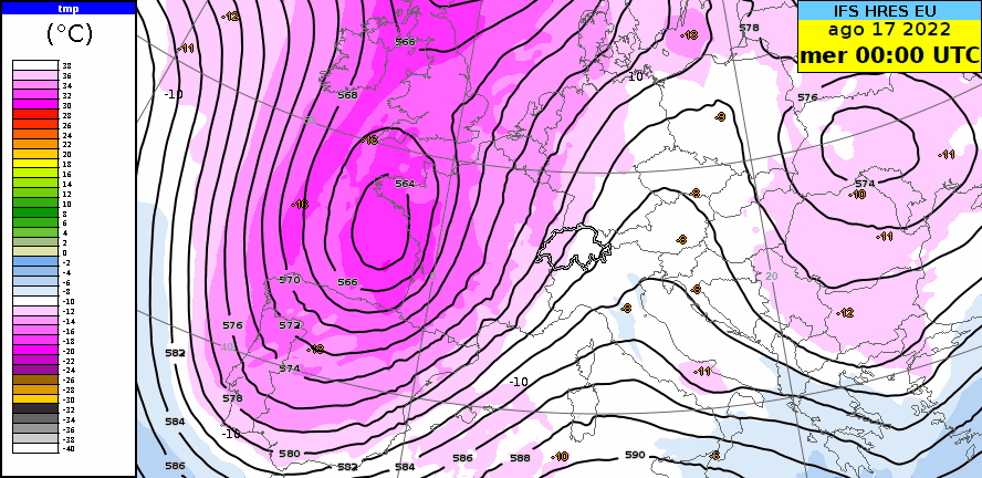 Fig. 1: animazione della temperatura e del geopotenziale a 500 hPa, modello IFS HRES, corsa delle 12 UTC del 15.08.2022. Fonte: MeteoSvizzera.