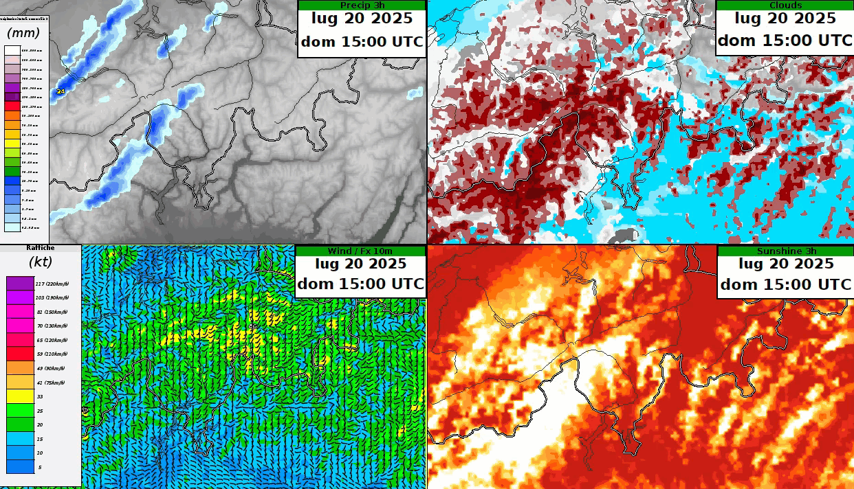 Fig. 2: animazione di diversi parametri (precipitazioni accumulate su 3 ore, nuvolosità, vento e soleggiamento su 3 ore) previsti dal modello ICON-CH-2E CTRL. MeteoSvizzera.