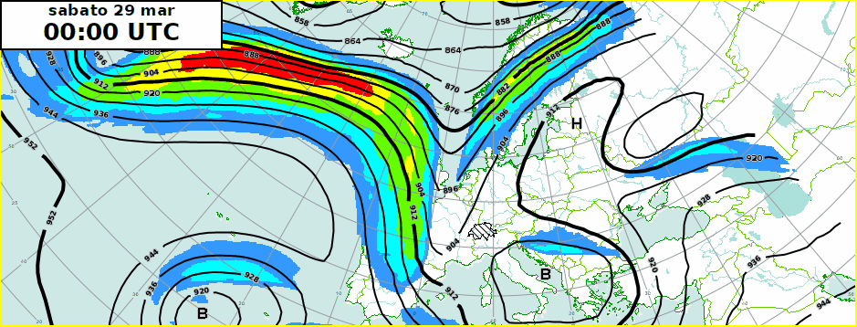Previsione da sabato 29 a lunedì 31 marzo del modello europeo che mostra il campo di pressione (linee nere) e l'intensità delle correnti a getto (scala colori) all'altezza geopotenziale di 300hPa.