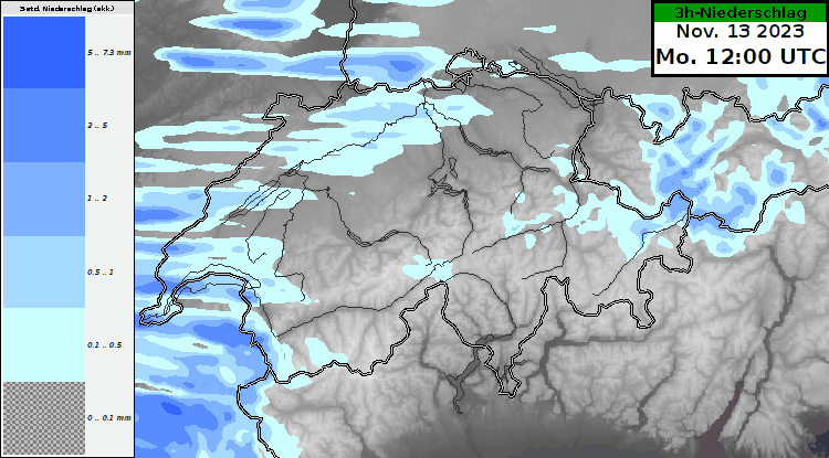    Animazione delle precipitazioni previste da Cosmo-2E in intervalli di 3 ore, tra le 13:00 di lunedì e le 16:00 di mercoledì. 
