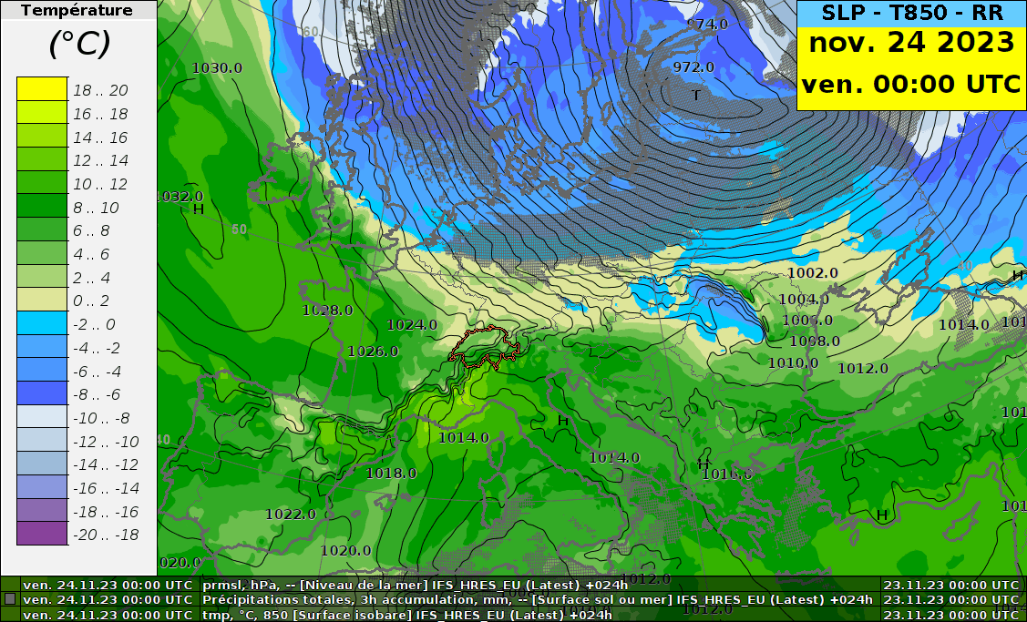 Pressione ridotta a livello del mare (in hPa, contorni neri), temperatura a 850 hPa (a circa 1500 m, in °C, colori) e aree di precipitazione (aree grigie) da venerdì 24 novembre 00 h UTC a lunedì 27 novembre 2023 00 h UTC. Modello IFS ad alta risoluzione.