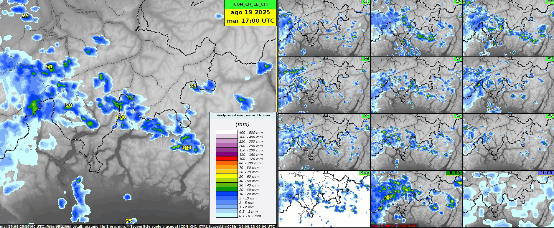Fig. 4: animazione delle previsioni di insieme dell'accumulo di precipitazioni dei modelli ICON-1E/2E-ENS e IFS-HRES. 