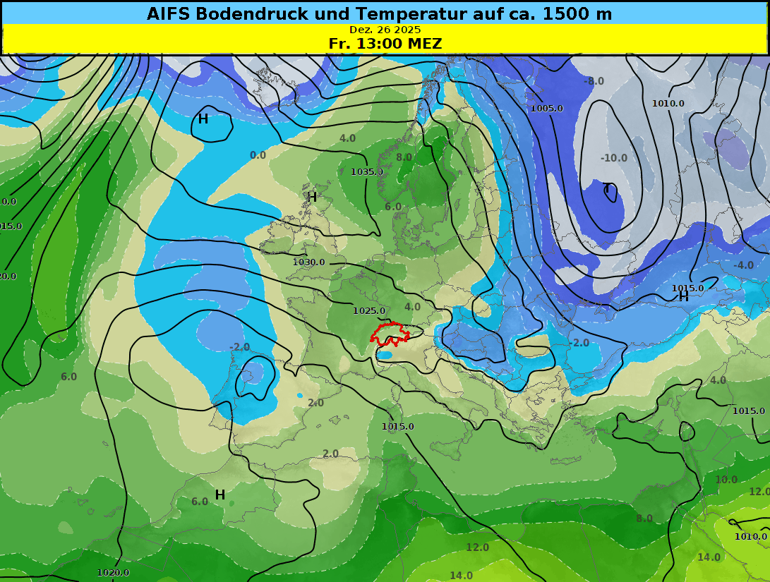 Previsione della pressione al suolo (hPa) e della temperatura della massa d'aria (°C) a 1500 metri di quota secondo il modello aut AIFS da oggi fino a mercoledì 7 gennaio. Fonte: ECMWF, MeteoSvizzera