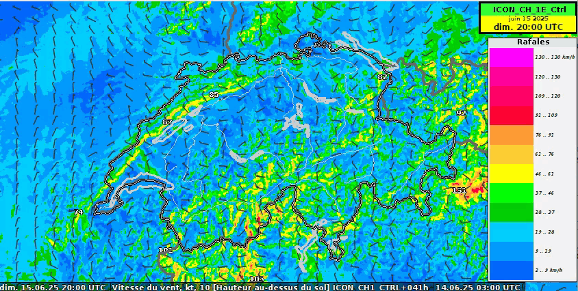 Raffiche massime (km/h) previste dal modello ICON-CH1-EPS