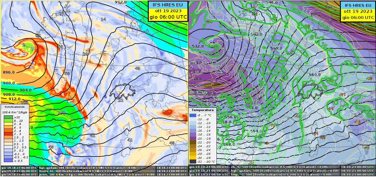 Fig. 1: animazione del modello ECMWF IFS HRES, corsa del 18.10.2023 00 UTC. A sinistra (300 hPa): geopotenziale (isolinee), Vorticità potenziale e corrente a getto. A destra (500hPa): temperatura (isoaree), umidità relativa e geopotenziale (isolinee). 