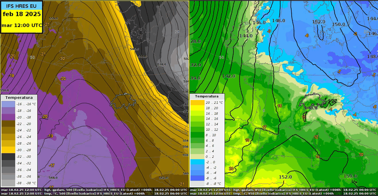 Previsioni del modello IFS HRES. A sinistra temperatura e geopotenziale a 500 hPa, a destra a 850 hPa.