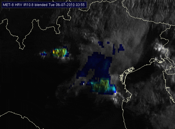 Fig. 8: Animazione Meteosat-8 (HRV + IR 10.8), 6 luglio 2010, 03:55–08:00 UTC. Fonte: EUMETSAT.