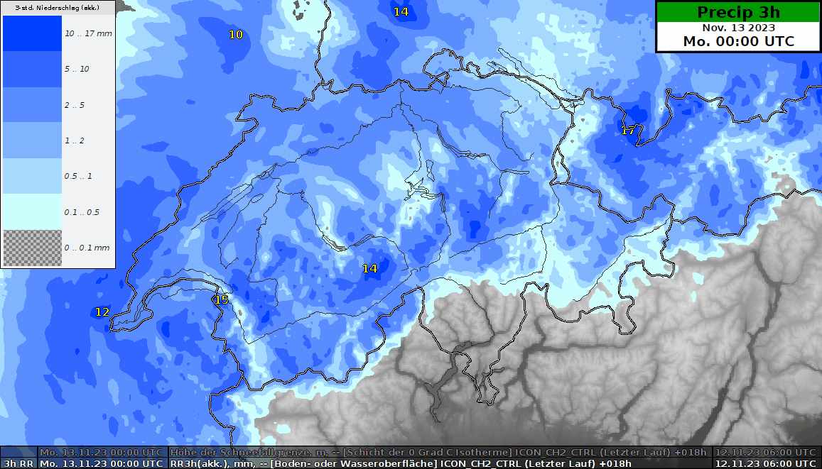Animazione degli accumuli di precipitazioni su tre ore di lunedì 13 novembre 2023, dal modello di previsione COSMO-2E di MeteoSvizzera.
