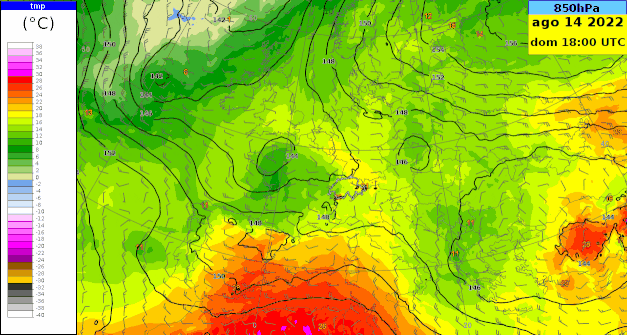 Fig. 1: temperatura, geopotenziale e vento a 850 hPa, modello IFS HRES, corsa delle 12 UTC del 13.08.2022.