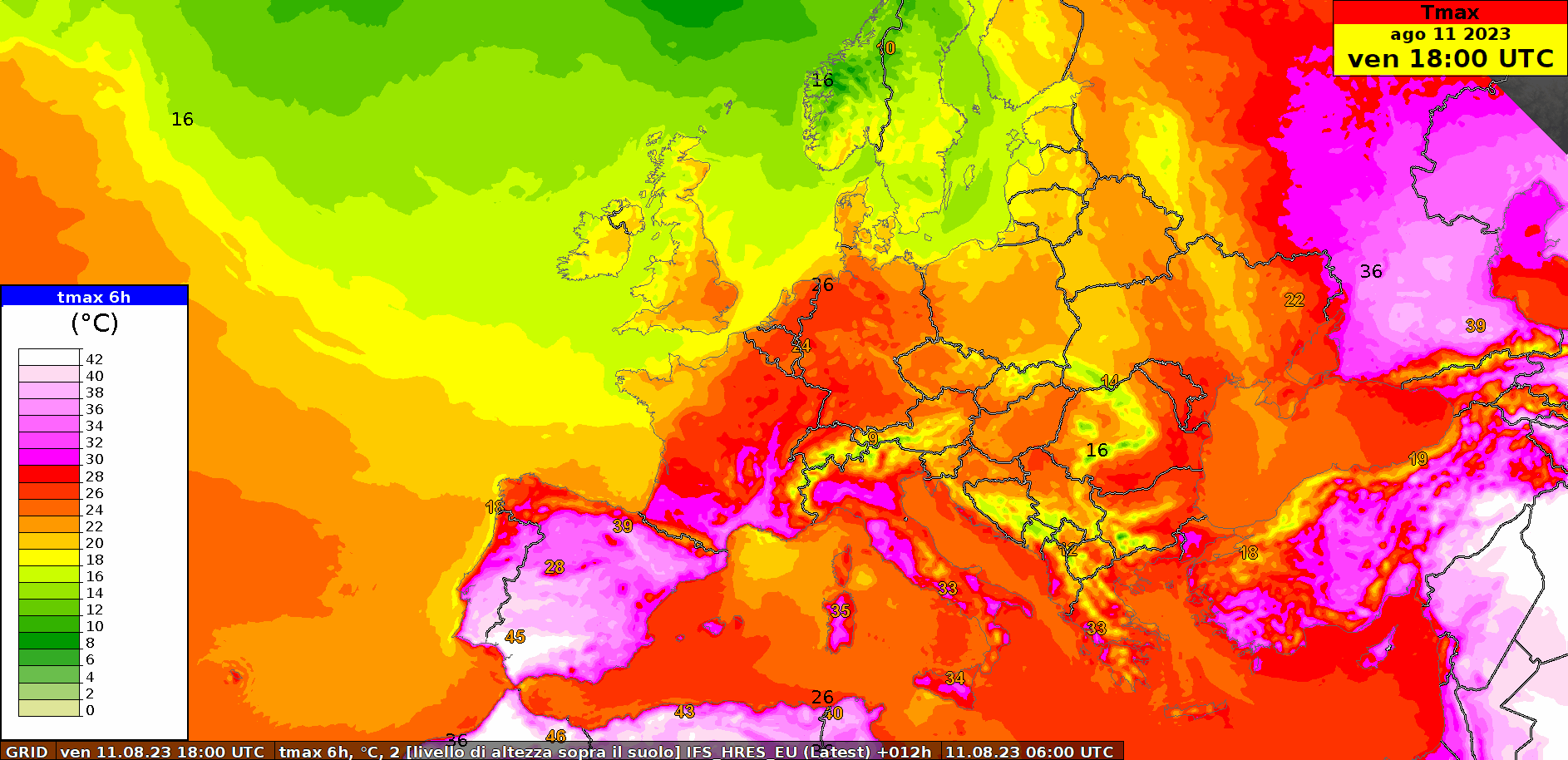 Fig. 2: la temperatura massima prevista dal modello IFS/ECMWF fino a domenica 20 agosto.