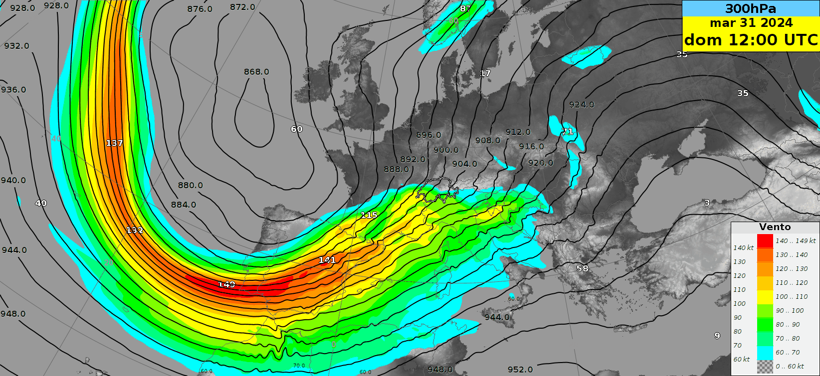 animazione dell’andamento del geopotenziale e della velocità del vento attorno a 9000 metri di quota. La colorazione indica le zone con la velocità del vento più forte (indicata in nodi, 100 kt = 185 km/h). Attorno alle 03 UTC (le 05:00 ora locale) la corrente a getto sulle Alpi raggiunge il suo massimo. Il vento segue le linee nere del geopotenziale in senso antiorario attorno al centro di bassa pressione situato al largo dell’Irlanda.