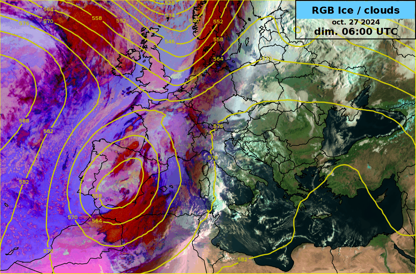 Animazione delle immagini satellitari e dei campi di geopotenziale a 500 hPa da ieri mattina. Fonte: MeteoSvizzera. 