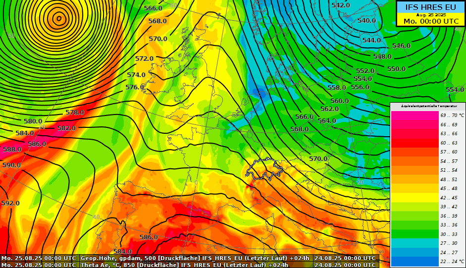 Animazione del modello IFS da lunedì a martedì. Geopotenziale a 500 hPa (linee nere) e temperatura potenziale equivalente a 850 hPa (aree colorate). Valori elevati indicano una massa d'aria calda e/o umida.