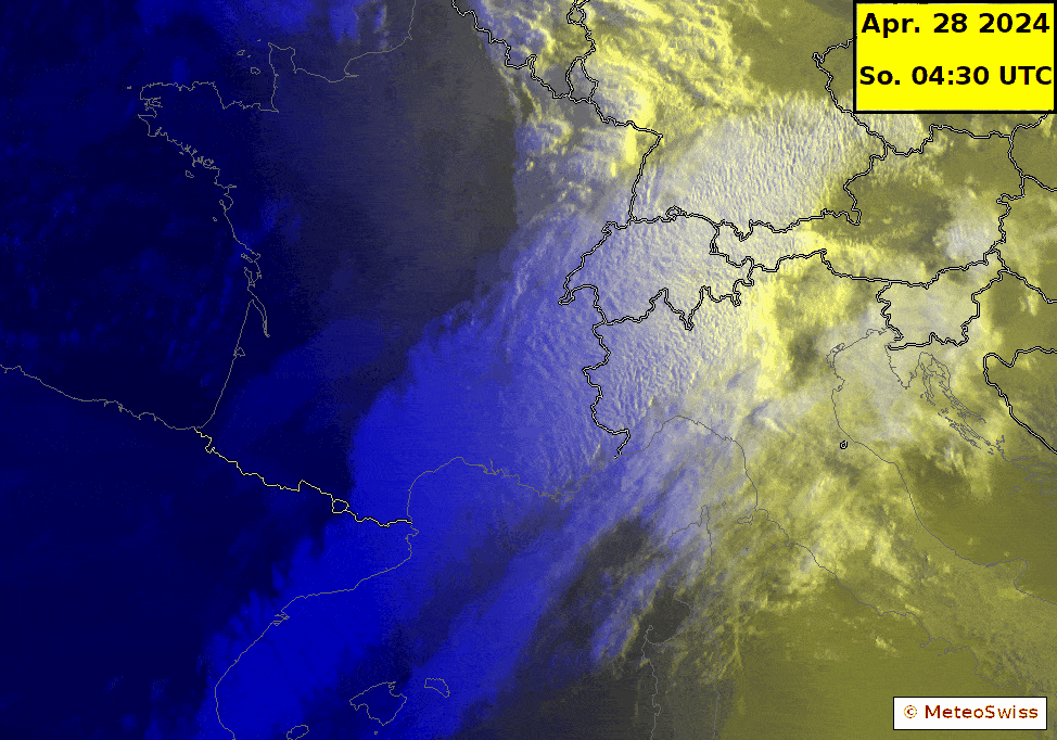 Animazione satellitare di domenica mattina tra le 06:30 e le 09:00 (ora locale) in cui si nota la struttura a buccia d'arancia della nuvolosità. (EUMETSAT / MeteoSvizzera)