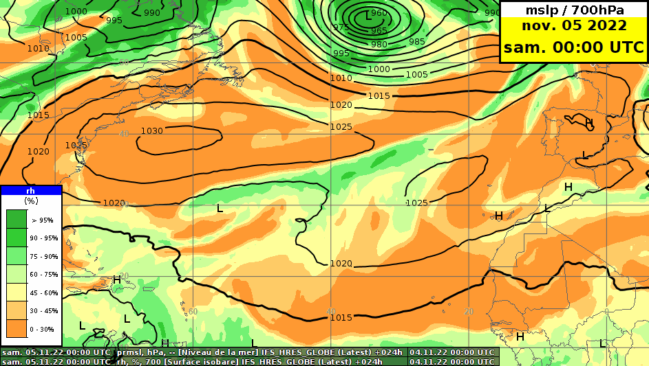 Evoluzione della pressione al livello del mare in hPa (curve nere) e dell'umidità relativa (aree colorate) a 3000 m sul bacino del Nord Atlantico da sabato 5 a domenica 14 novembre. Fonte: modello IFS @ ECMWF