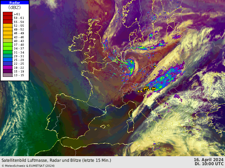 Fig. 1: animazione satellitare composita (Airmass RGB) con campo radar della reflettività (OPERA) e posizione delle scariche atmosferiche. Le indicazioni degli orari nella legenda sono UTC [16.04.2024 – 12:00 - 18:00 ora locale]. 