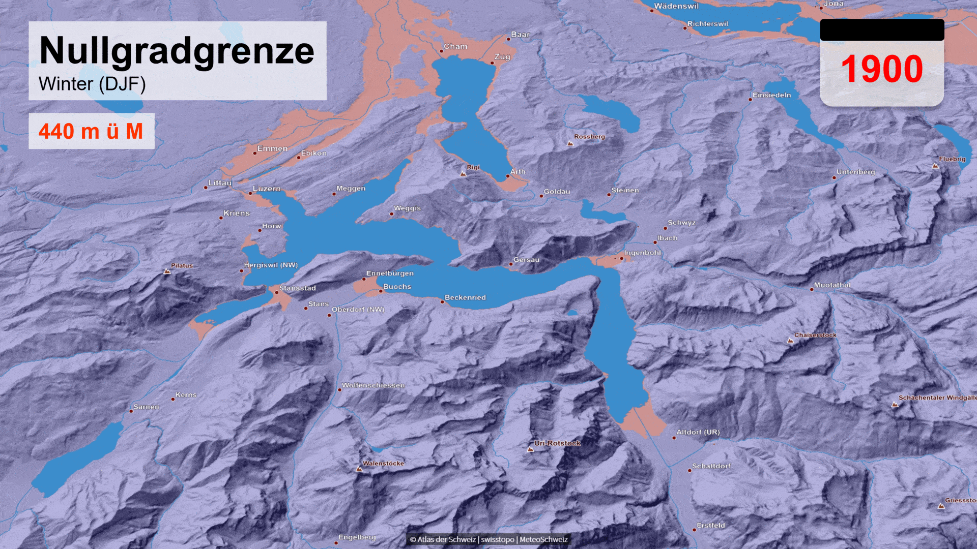 Figura 1. Altitudine media dell'isoterma di zero gradi in inverno (da dicembre a febbraio) nella Svizzera centrale per gli anni 1900, 2000, 2055 e 2085, in metri sul livello del mare. I valori sono medie trentennali centrate sugli anni citati. Le aree con temperature inferiori a 0°C sono colorate in blu, quelle con temperature superiori a 0°C in rosso. Le aree colorate in giallo possono continuare ad avere temperature medie inferiori a 0°C grazie a condizione che si attuiono misure incisive di protezione del clima. Tuttavia, in caso di cambiamenti climatici incontrollati, alcune delle temperature medie qui presenti saliranno ben oltre il punto di congelamento.  