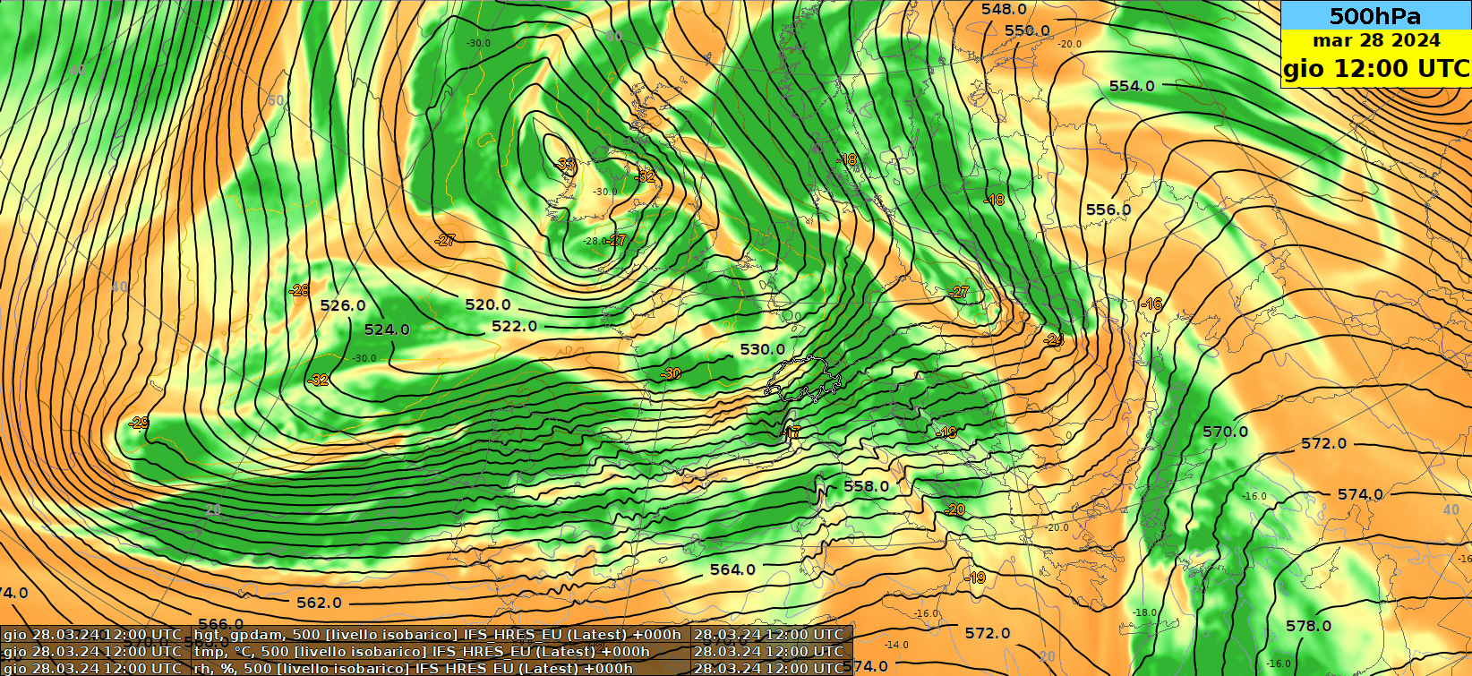 Fig. 6: Altezza geopotenziale (linee ocontinue) a 500 hPa (circa 5500 metri) e umidità relativa (colori, più il verde è intenso più l’aria è umida) previsti dal modello ECMWF fra giovedì 28 marzo alle ore 12 e martedì 2 aprile alle ore 00. 