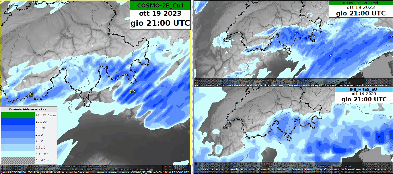 Fig. 3: Animazione degli accumuli di precipitazione a intervalli di 3 ore. Modelli di previsione: COSMO 2E CTRL (sinistra), ICON 2E CTRL (sopra a destra) e IFS HRES (in basso a destra). 