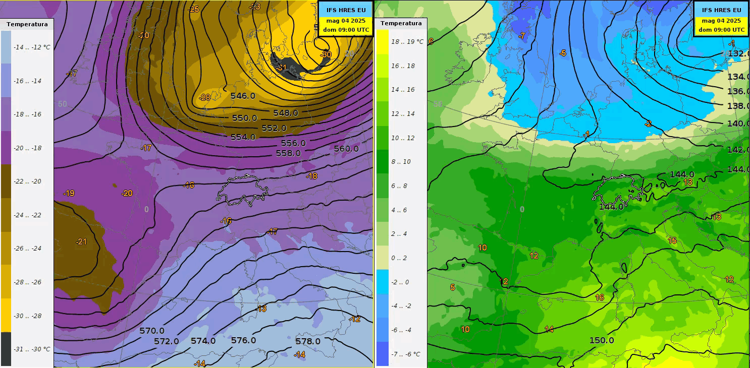 Fig. 2: animazione del modello IFS HRES (corsa del 04.05.2025 00z). A sinistra: Geopotenziale e temperature a 500 hPa. A destra: Geopotenziale e temperature a 850 hPa.