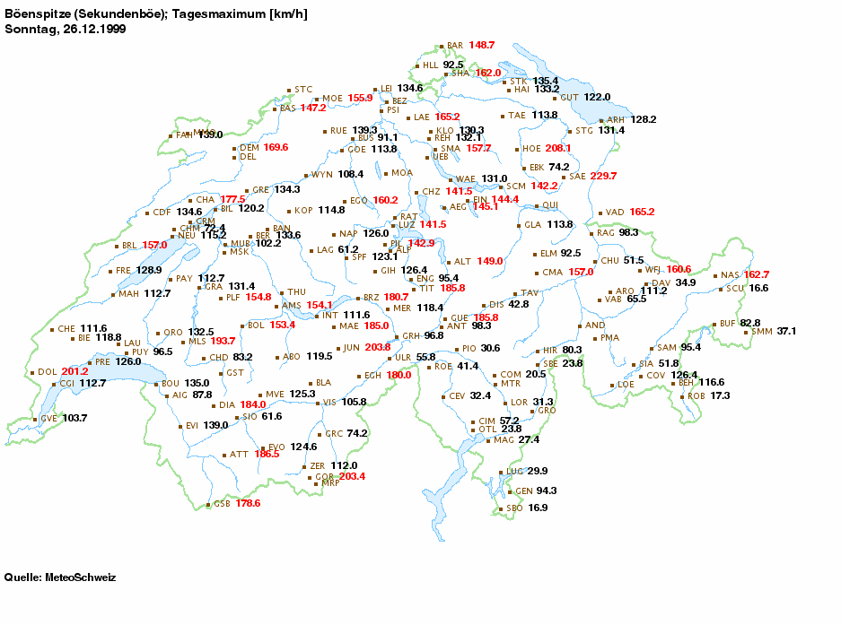 Fig. 9:  raffiche misurate in Svizzera domenica 26.12.1999 dalle stazioni di MeteoSvizzera.