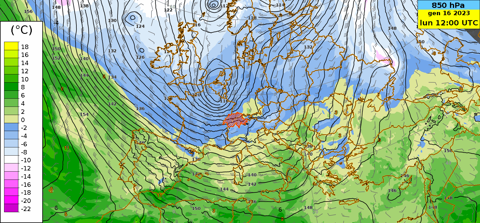Figura 5: Animazione di geopotenziale (linee nere), temperatura (colori) e vento (barbule) a 850 hPa sull’Europa previsti fino alla fine della settimana dal modello europeo. Le linee nere possono essere interpretate come i “binari” sui quali si muovono le masse d’aria, in senso antiorario attorno alle basse pressioni, in senso orario intorno alle alte pressioni. Fonte: ECMWF / MeteoSvizzera.
